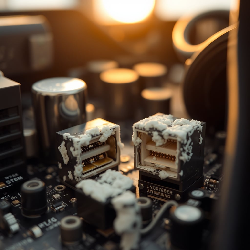 Macro photo showing faint corrosion and oxidation on the metal pins of a computer's USB port, caused by prolonged exposure to moisture