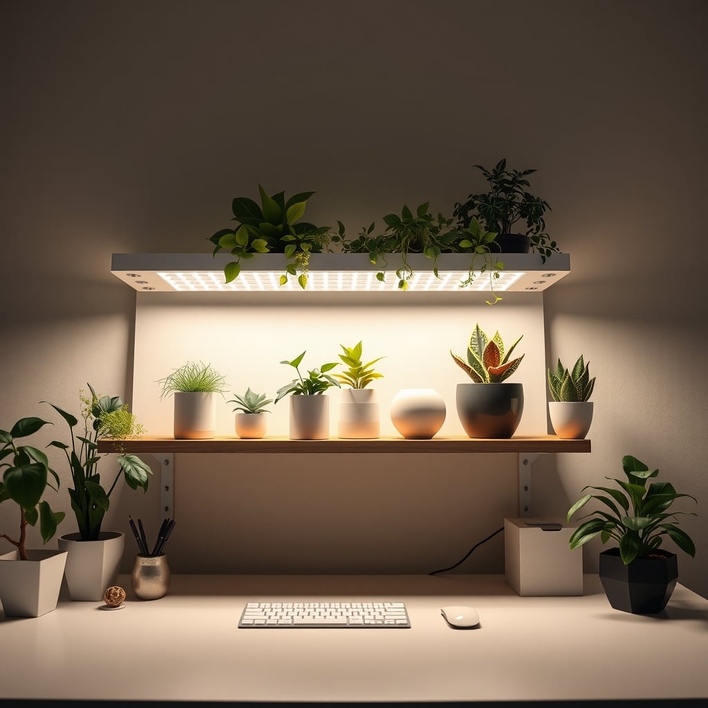 A plant shelf lit by a low-profile white grow light bar in a dim home office