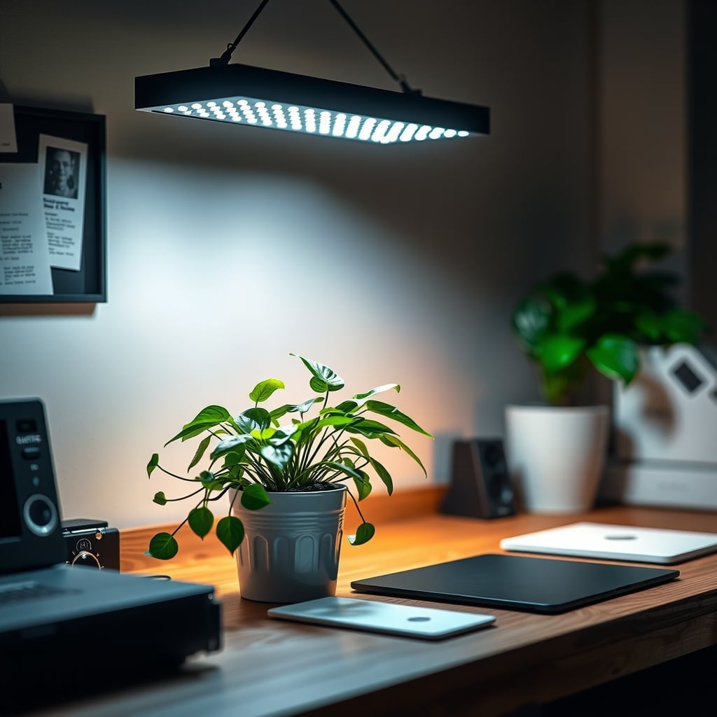 A slim white LED grow light bar suspended above a trailing pothos on a wooden desk