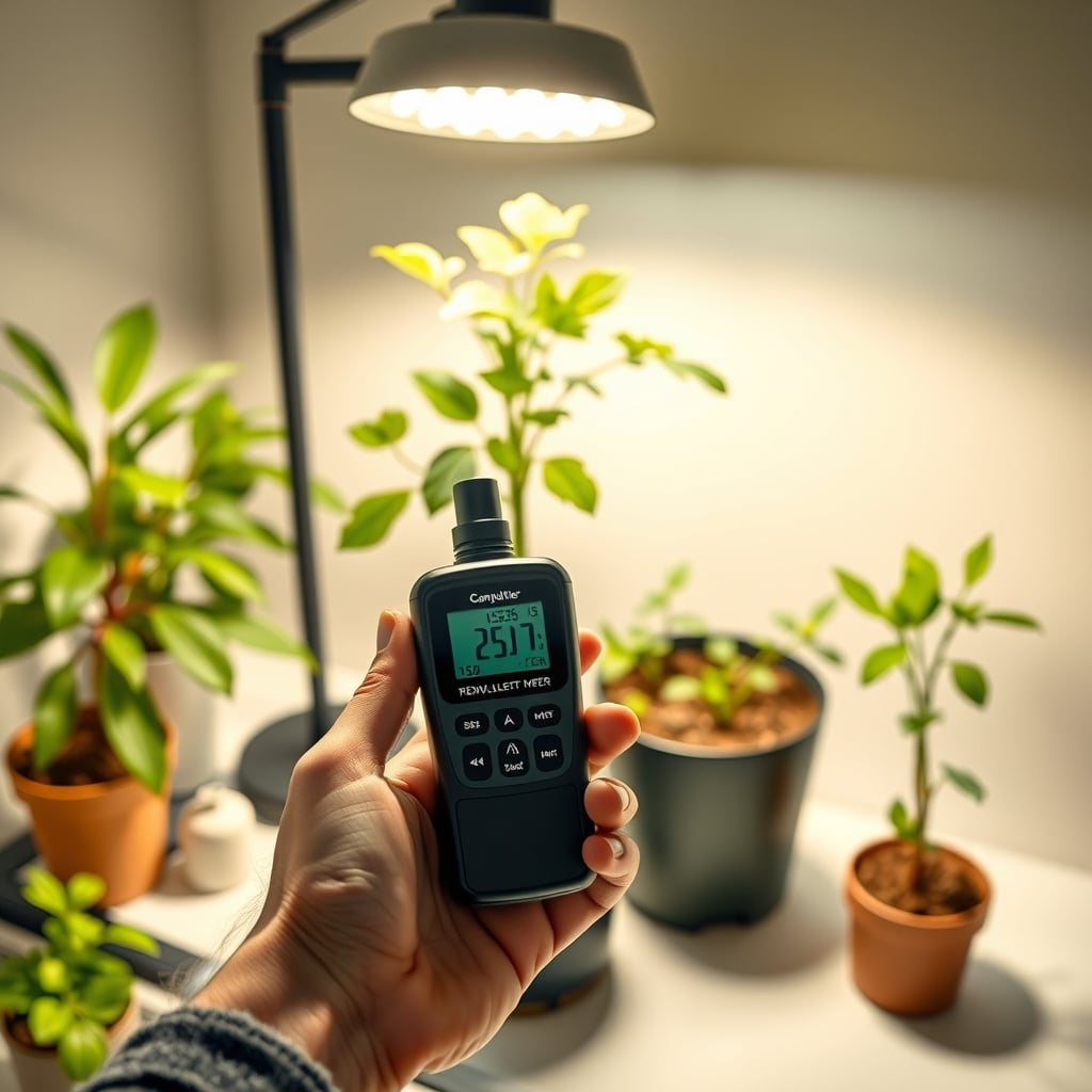 A compact handheld light meter held near the canopy of a desk plant