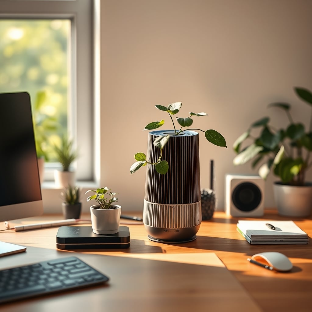 A balanced desk with a single plant for decor and a small air purifier for performance.