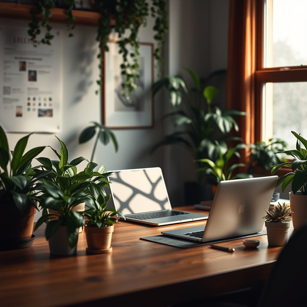 An overly-planted desk setup with a laptop, showing the aesthetic but ineffective jungle approach.