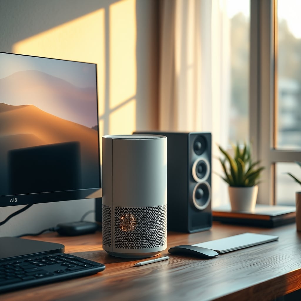A compact, modern air purifier positioned effectively on a clean desk.