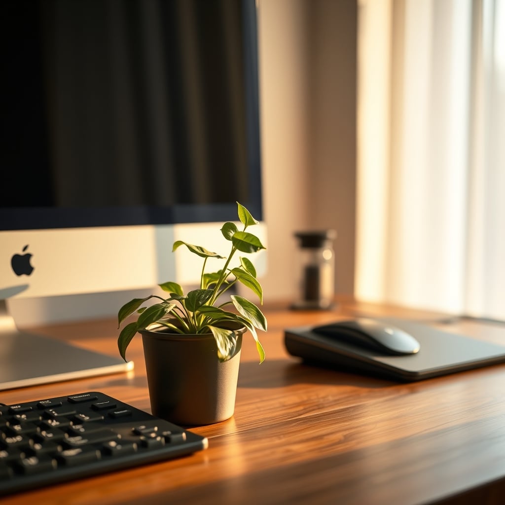 A single snake plant in a pot next to a keyboard, highlighting the scale problem.