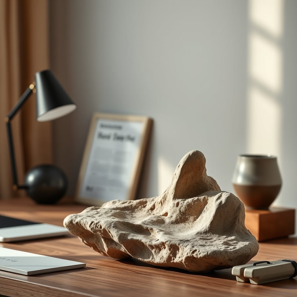 A clean, minimalist desk setup featuring a piece of sculptural driftwood, a smooth stone, and a geometric ceramic object, demonstrating inert natural texture.