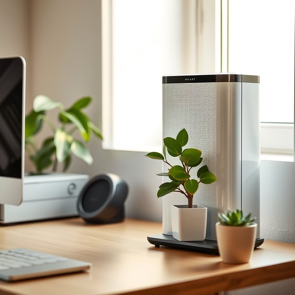 A small desk plant in a pot sits next to a large, modern HEPA air purifier on a clean desk, highlighting the scale difference for air cleaning.