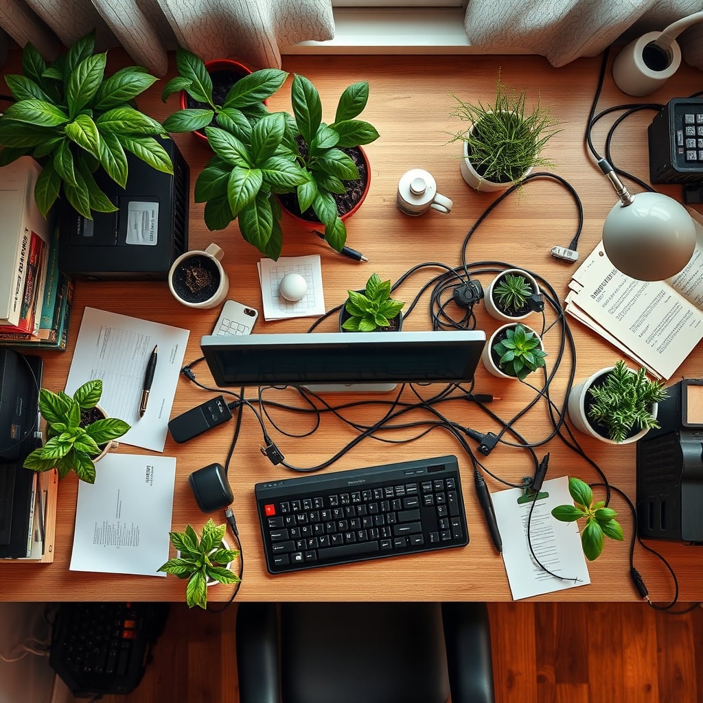 An overhead view of a cluttered desk with multiple plants, trailing vines over a keyboard, spilled soil, and tangled cables, illustrating the visual and physical chaos.