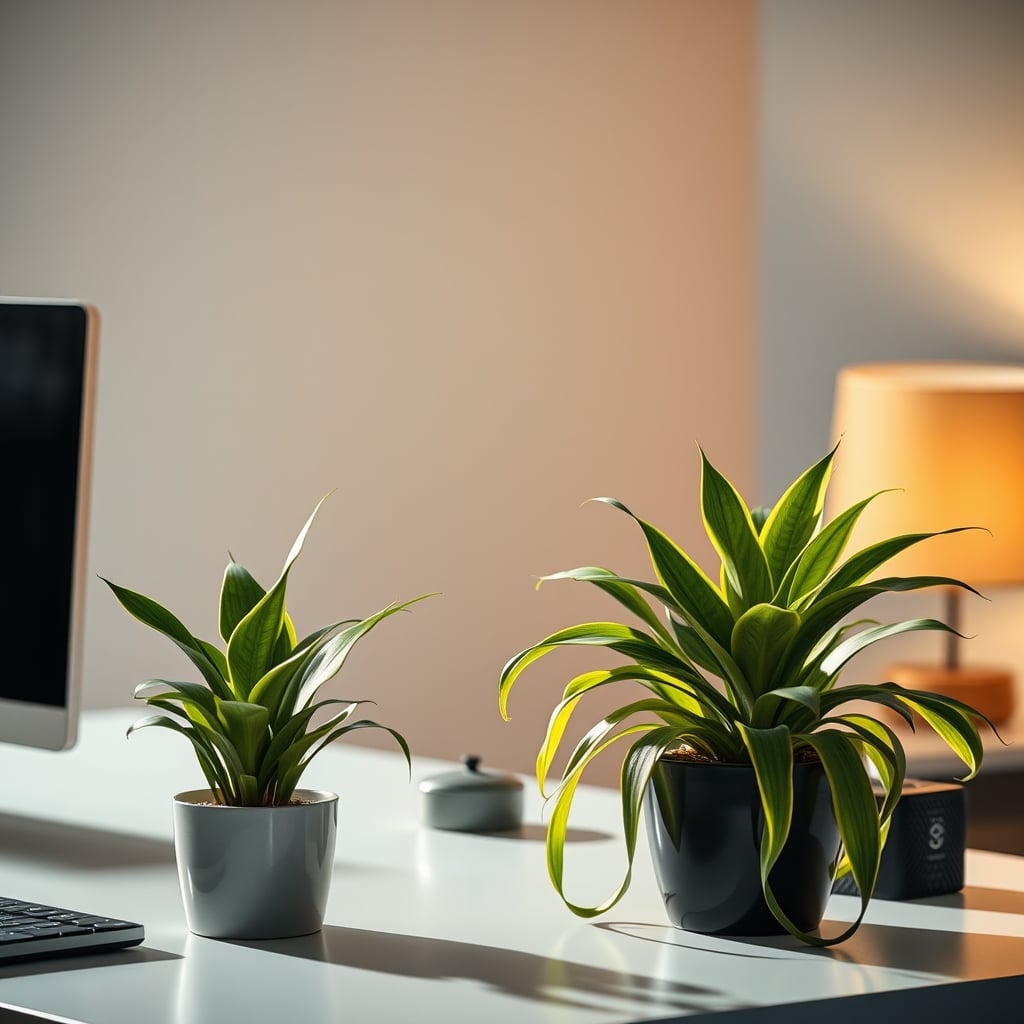 A healthy ZZ plant and a Snake Plant side by side on a minimalist desk with a laptop, showing two truly resilient options.
