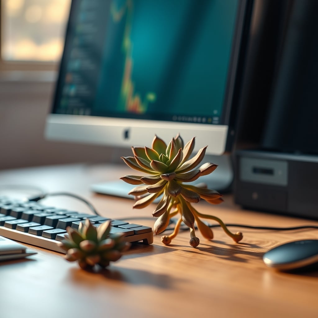 A dead, brown succulent in a small pot sitting on a cluttered desk next to a keyboard and monitor, illustrating the failure of mismatched low-maintenance plants.