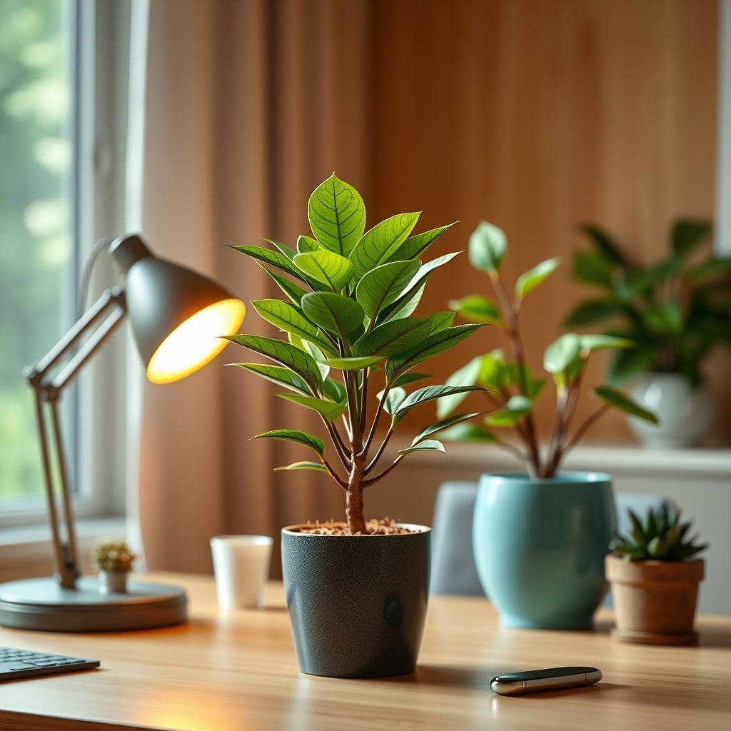 A high-quality artificial snake plant and a real snake plant placed in similar desk environments for visual comparison.
