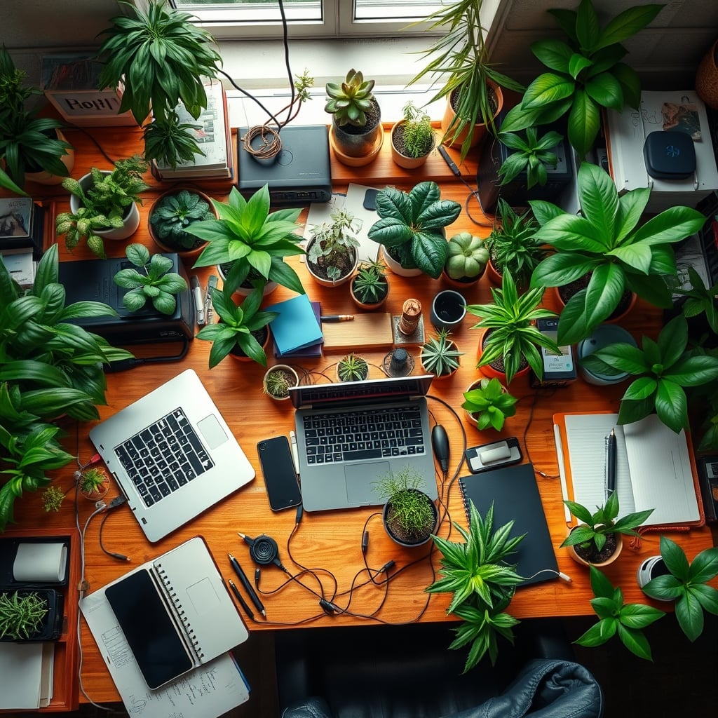 A desk overcrowded with plants, gadgets, and supplies, creating visual noise and clutter.