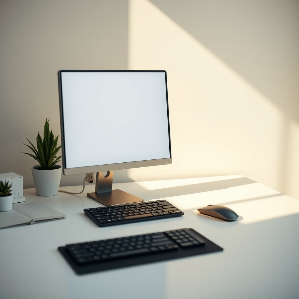 A starkly clean, minimalist desk with only essential work tools, promoting focus.