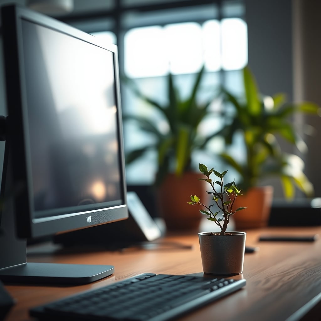 A lone succulent on a desk next to a monitor, highlighting its insignificance in a workspace.