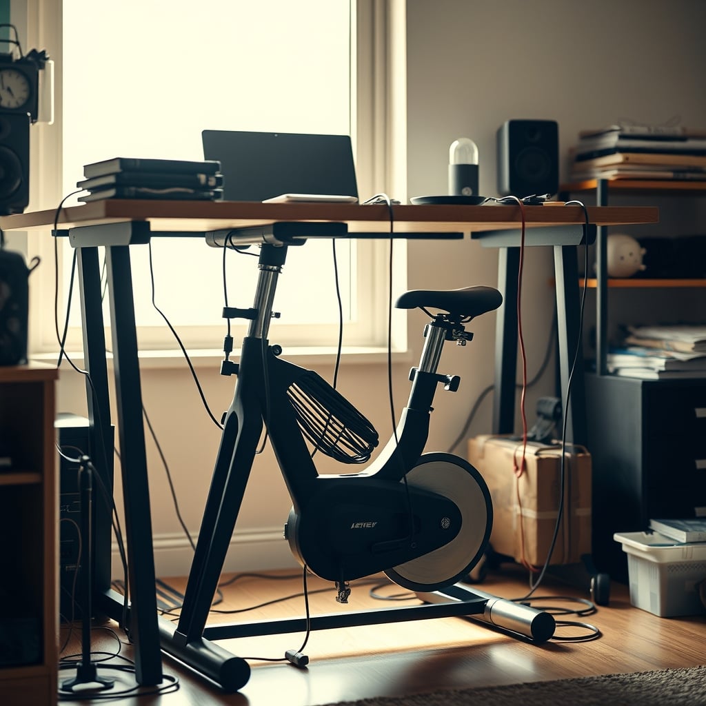 A messy desk with an under-desk pedal exerciser creating cable chaos and limiting leg space.