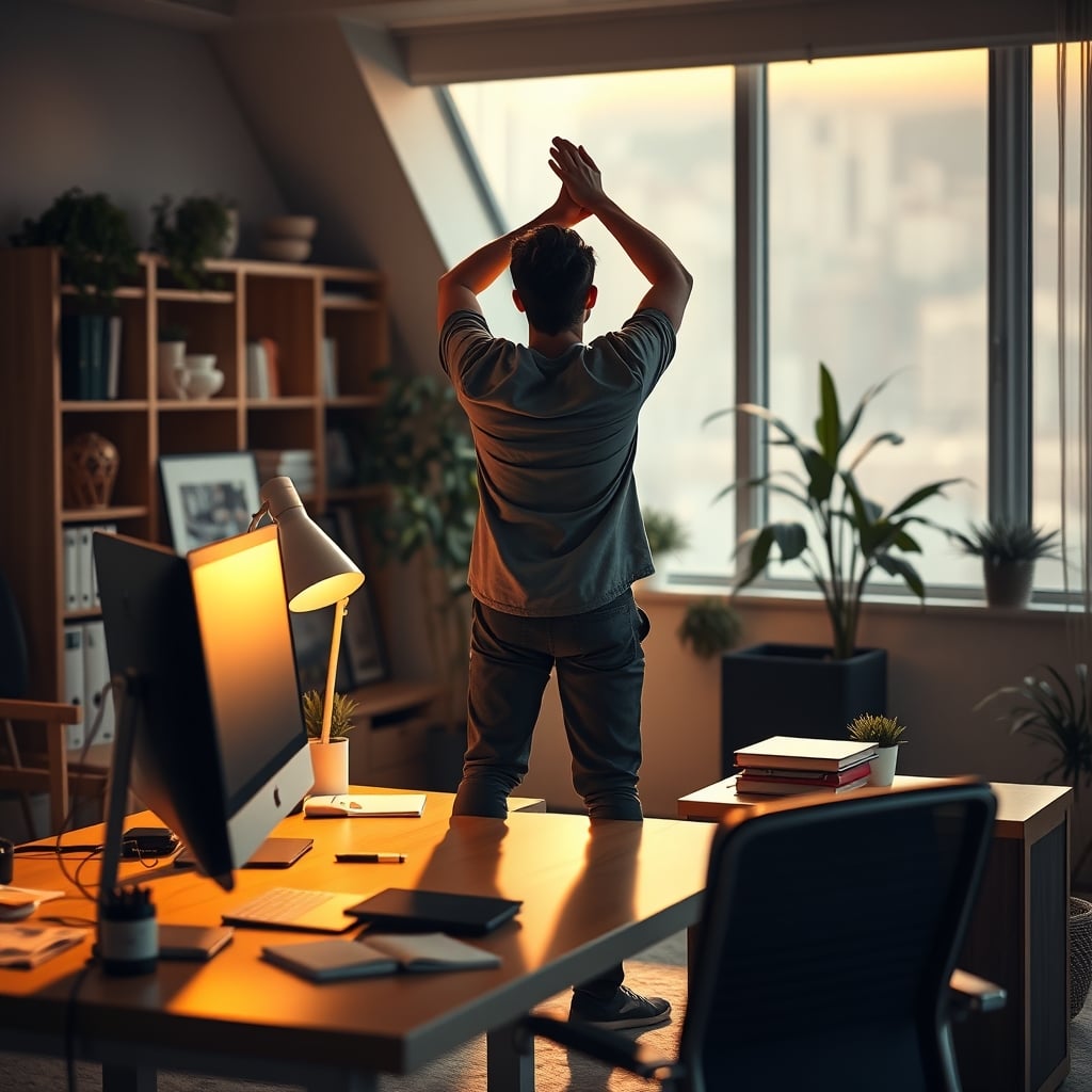 A person stepping away from their desk to stretch during a work break.