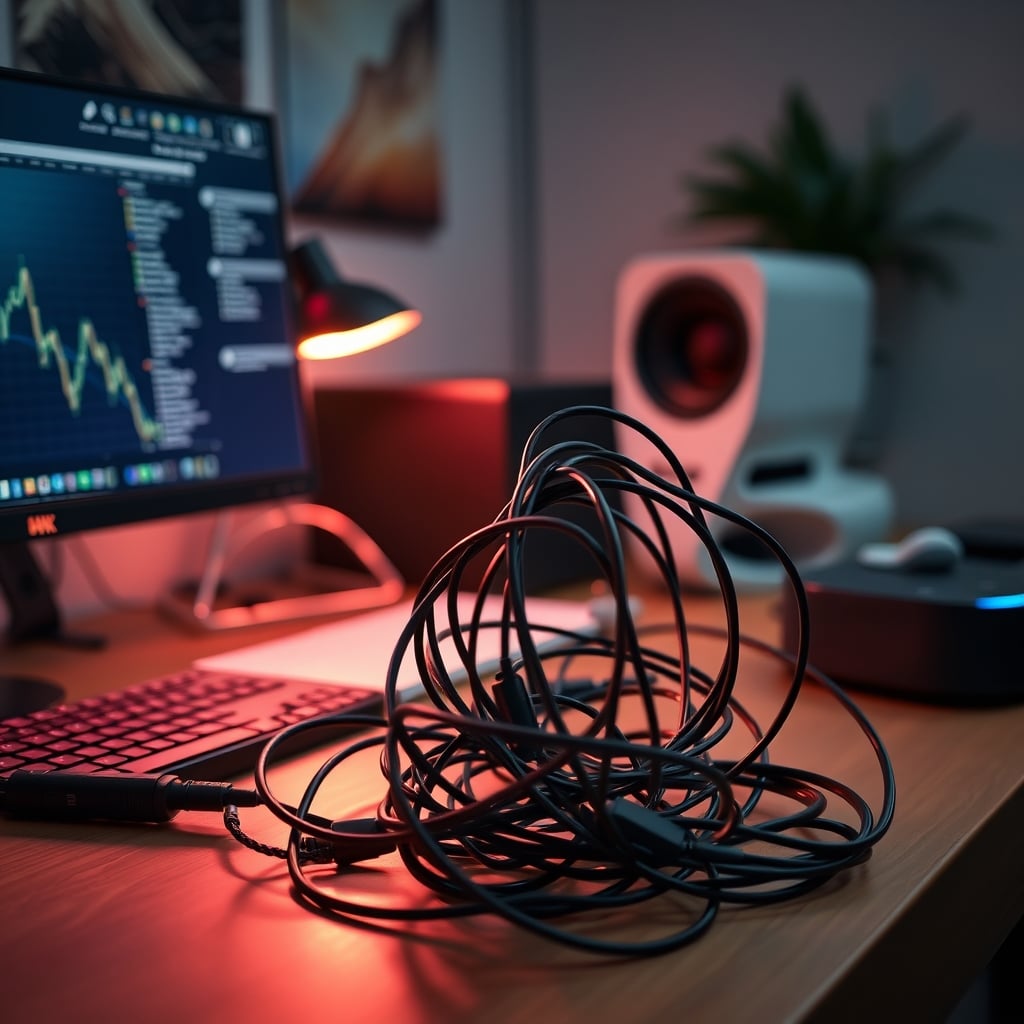 Messy tangled charging cables creating heat pockets and stress points