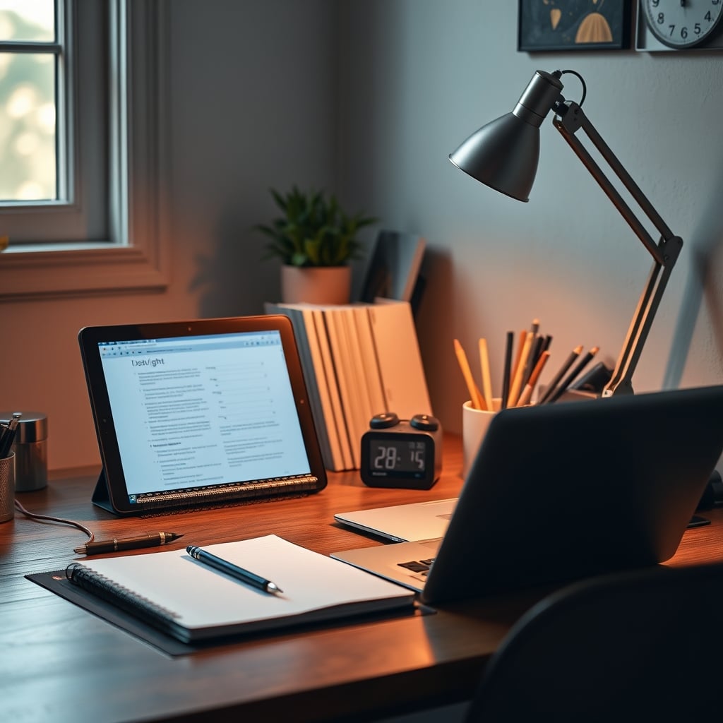 A lived-in desk with a notebook, analog clock, task light, and monitor, showing signs of actual use