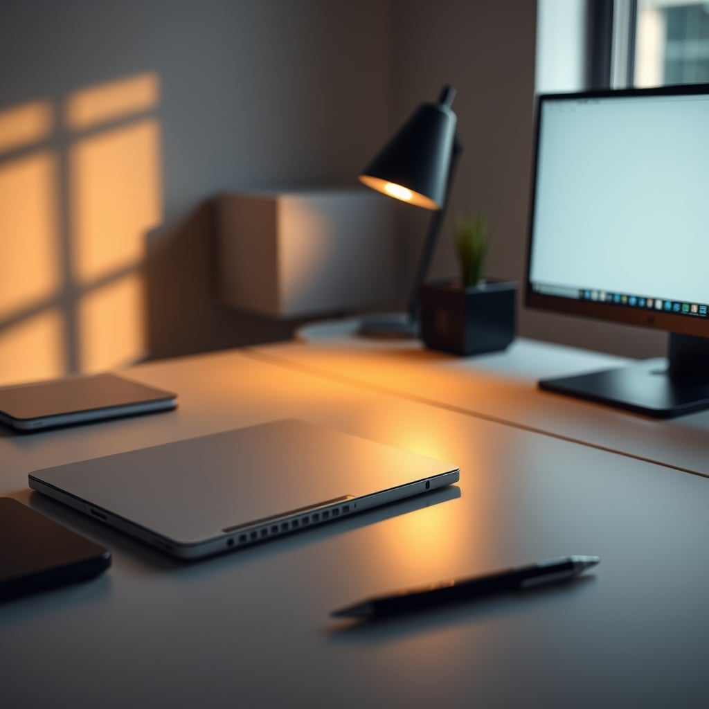 A starkly minimalist desk setup in 2026 with only a laptop, a notebook, a pen, and dramatic, focused lighting.