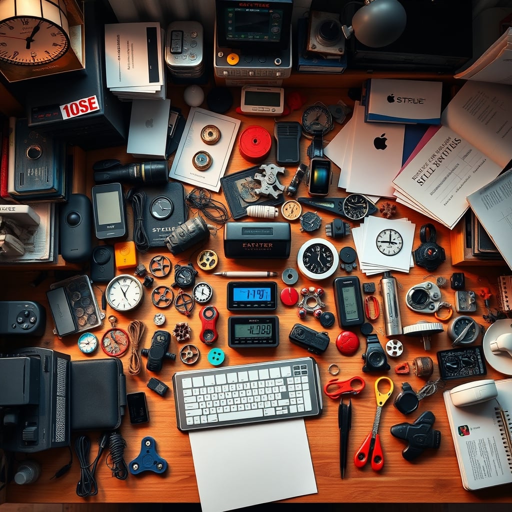 An overhead view of a desk in 2026 cluttered with colorful fidget toys, plastic timers, and smart gadgets, representing visual noise.