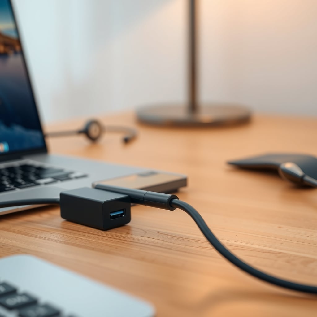 A USB-C power delivery cable connected to a laptop on a tidy desk with an under-desk cable tray visible