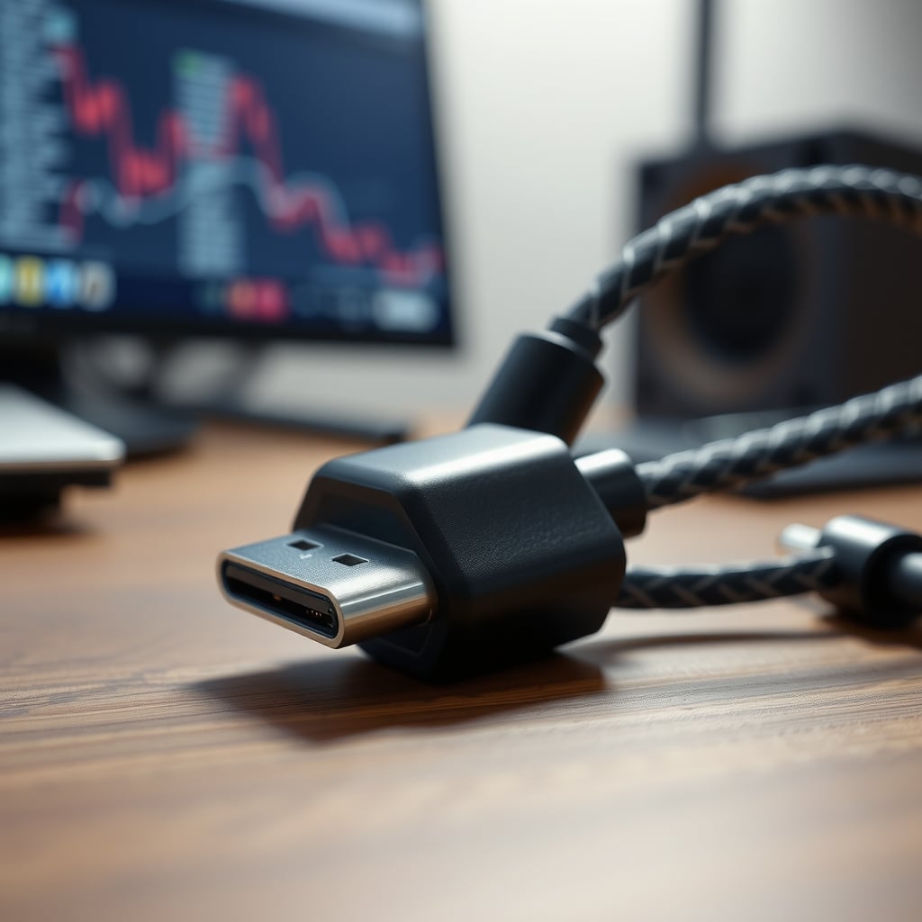 Macro view of a braided USB-C cable connector showing metal shell and strain relief