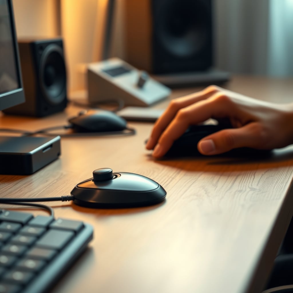 Close-up of a user's hand transitioning from a trackball to a standard mouse during work.