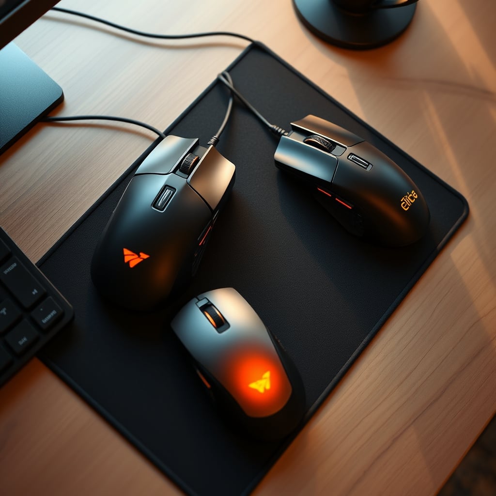 A clean desk with a keyboard flanked by a standard mouse and a trackball, illustrating a dual pointing device setup.