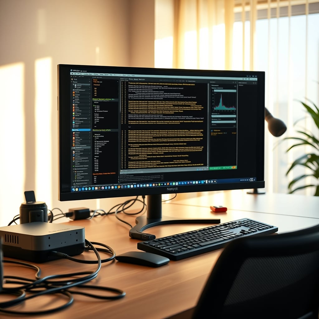 A clean, high-performance workstation with minimal cable clutter and multiple input devices.