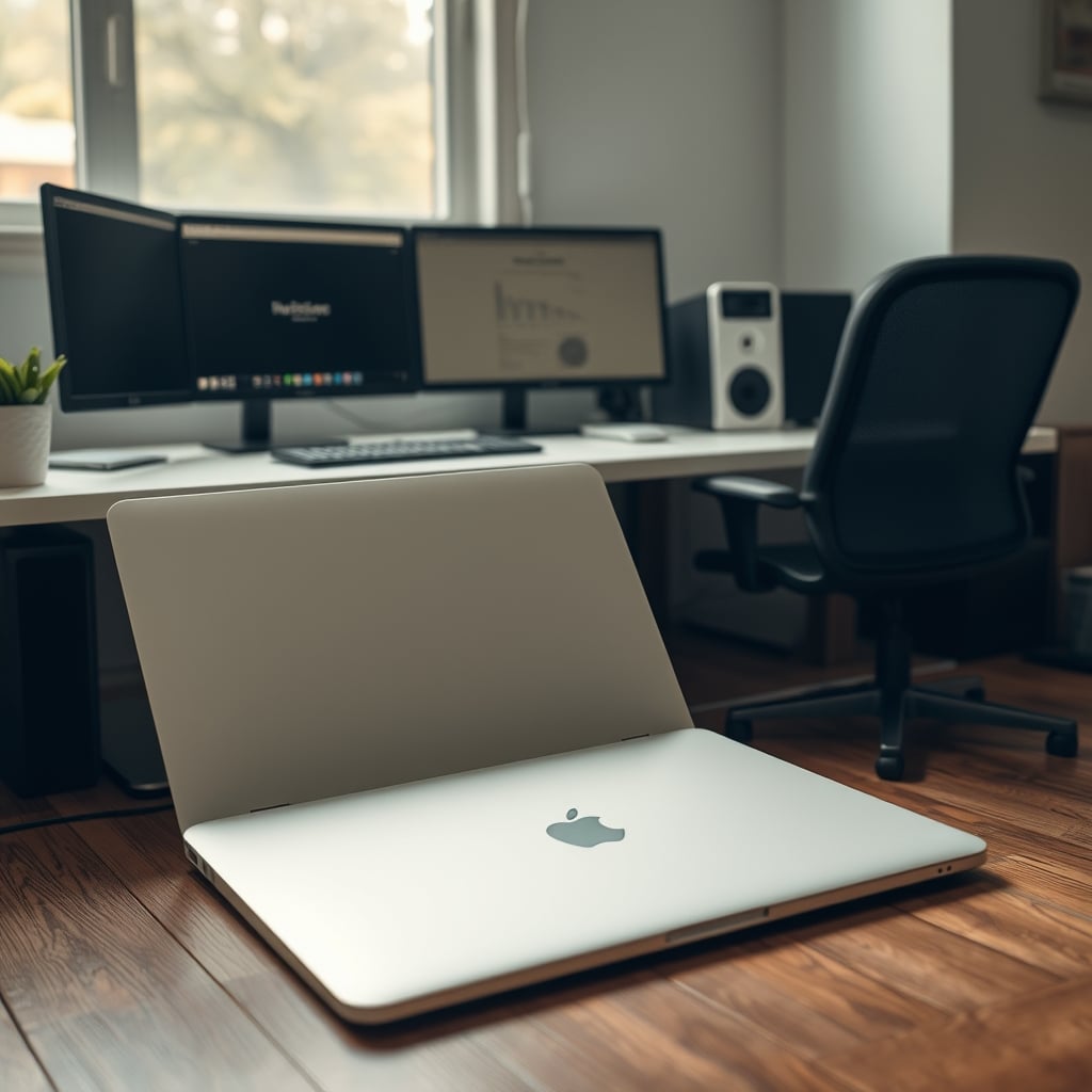 A dummy Macbook tossed on the floor beside a clean, focused desk setup with a single monitor