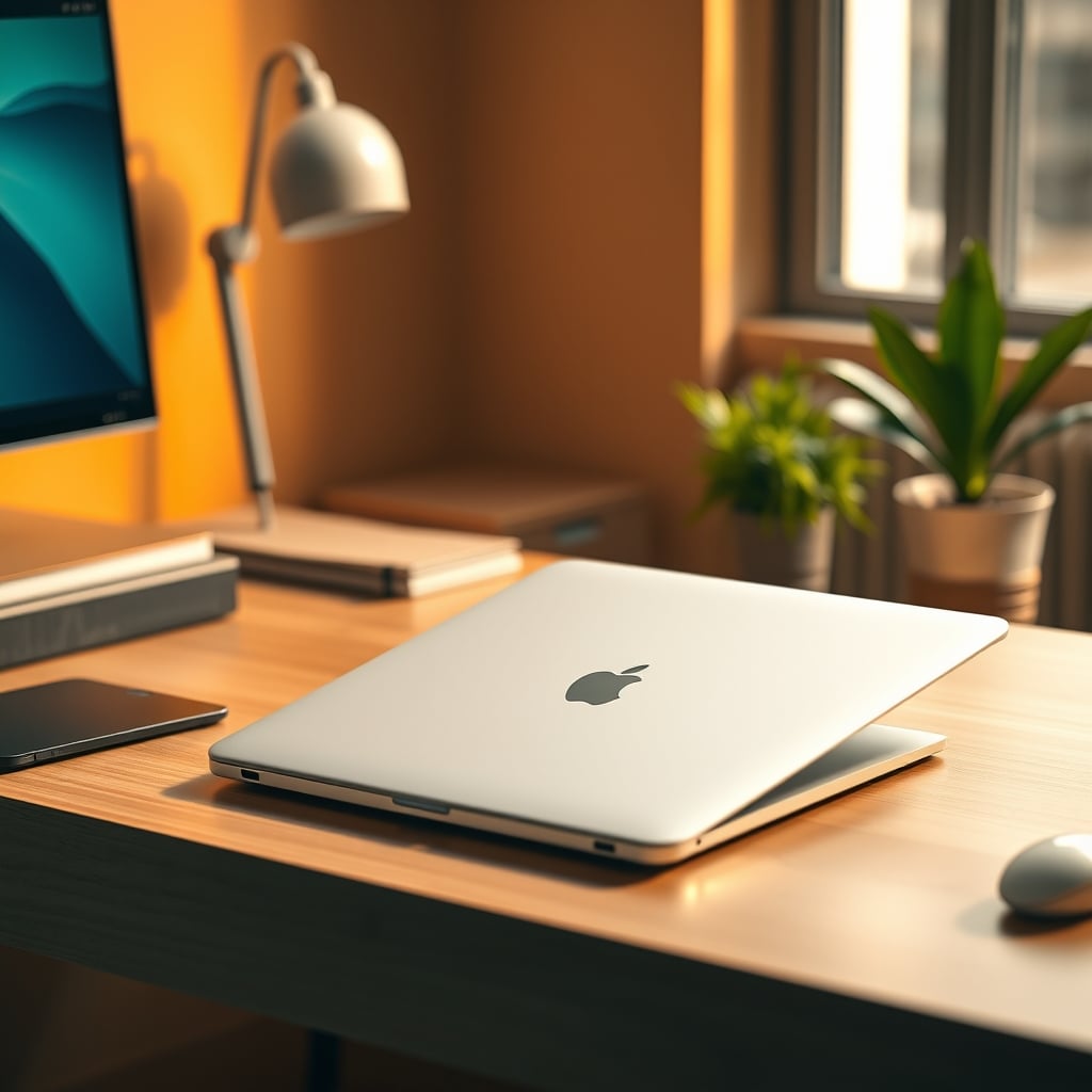 A glossy dummy Macbook shell sitting alone on a barren desk, highlighting its uselessness