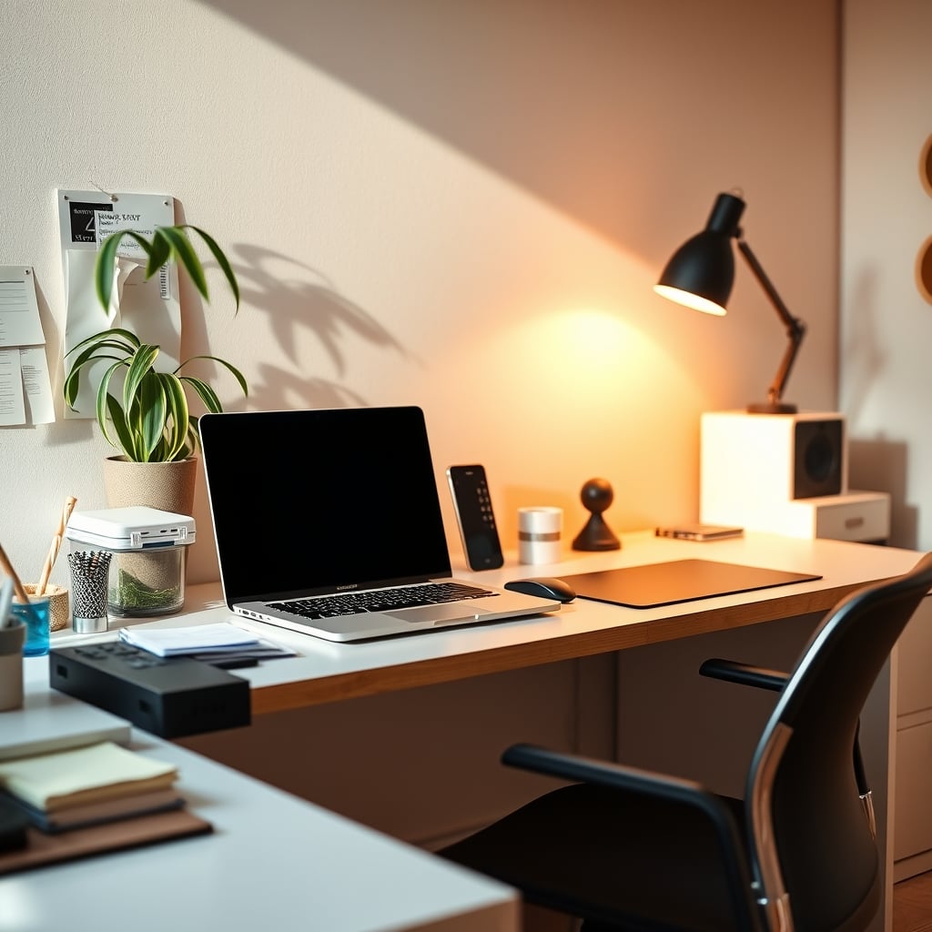 Comparison shot of a desk cluttered with fake tech versus a truly minimalist, functional desk