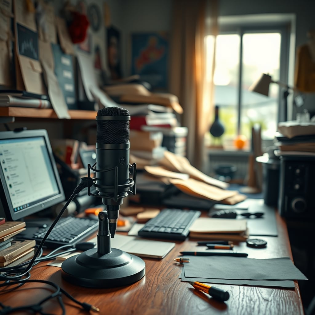A cluttered desk with a large studio condenser microphone, symbolizing the problem of sensitive mics in imperfect environments.