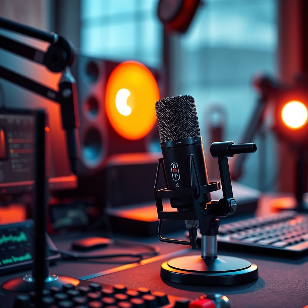 A clean, well-lit streaming setup showing a dynamic microphone positioned correctly, very close to the streamer's mouth.