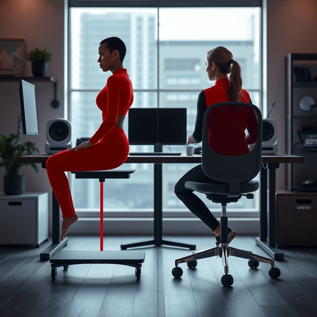 Anatomical diagram comparing asymmetric muscle strain on a wobbly seat versus balanced support on a proper chair.