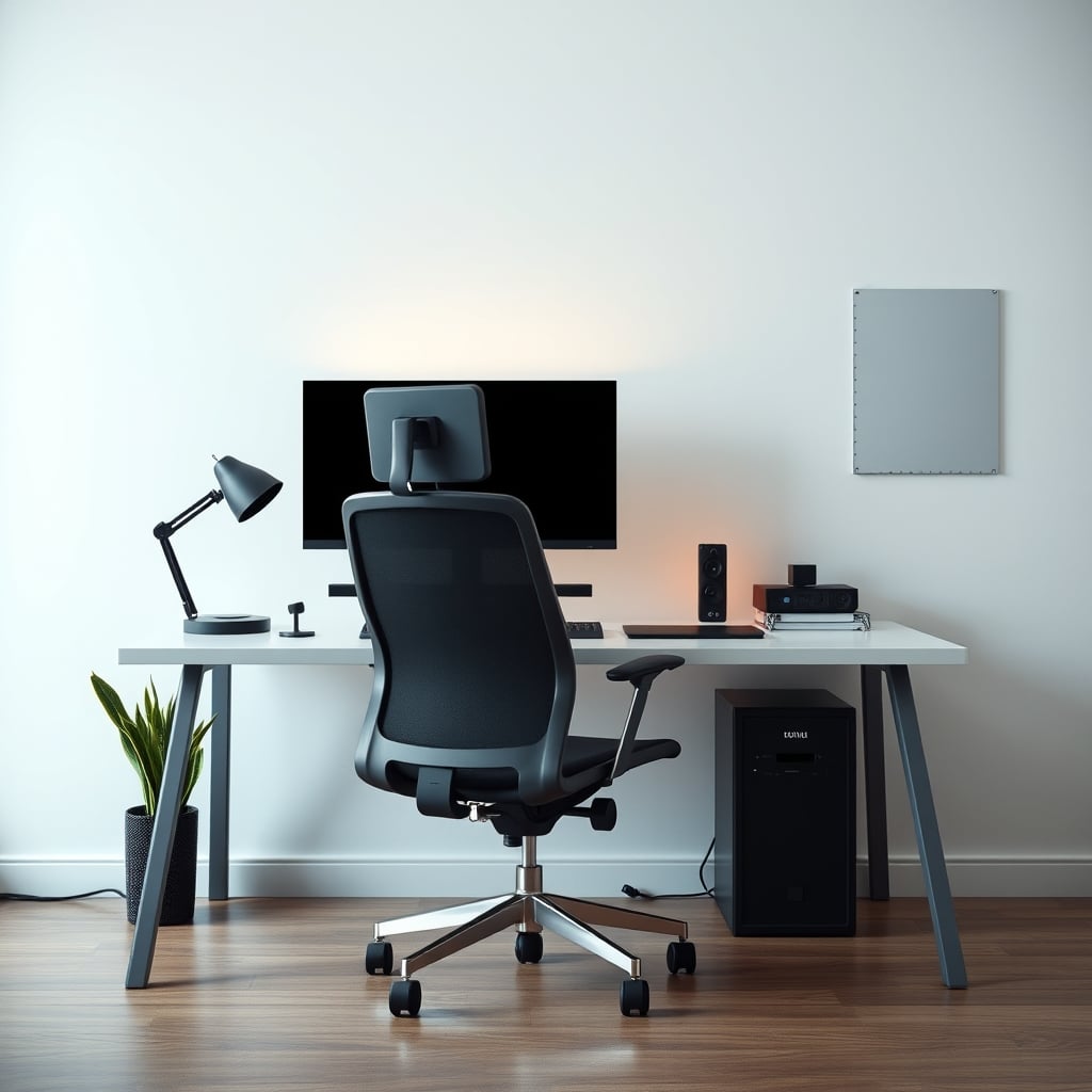 A clean, focused 2026 desk setup emphasizing perfect monitor height, supported seating, and feet flat on the floor.