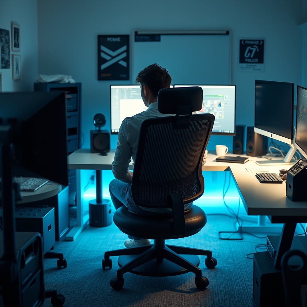 A cluttered desk in 2026 with various 'dynamic sitting' gadgets, showing a person looking fatigued and distracted.