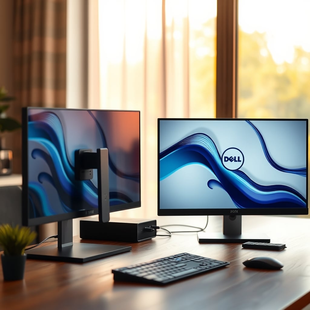 A modern 2026 desk showing an abandoned, ghosting E Ink monitor next to a vibrant, productive Dell UltraSharp display.