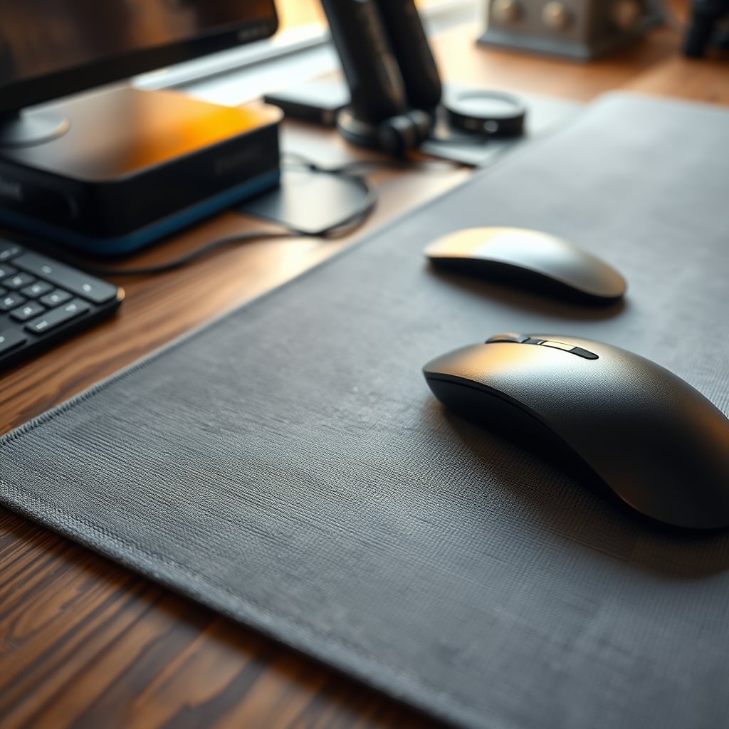 A gaming mouse on a rough, natural fiber desk mat with a stuttering cursor trail on screen.