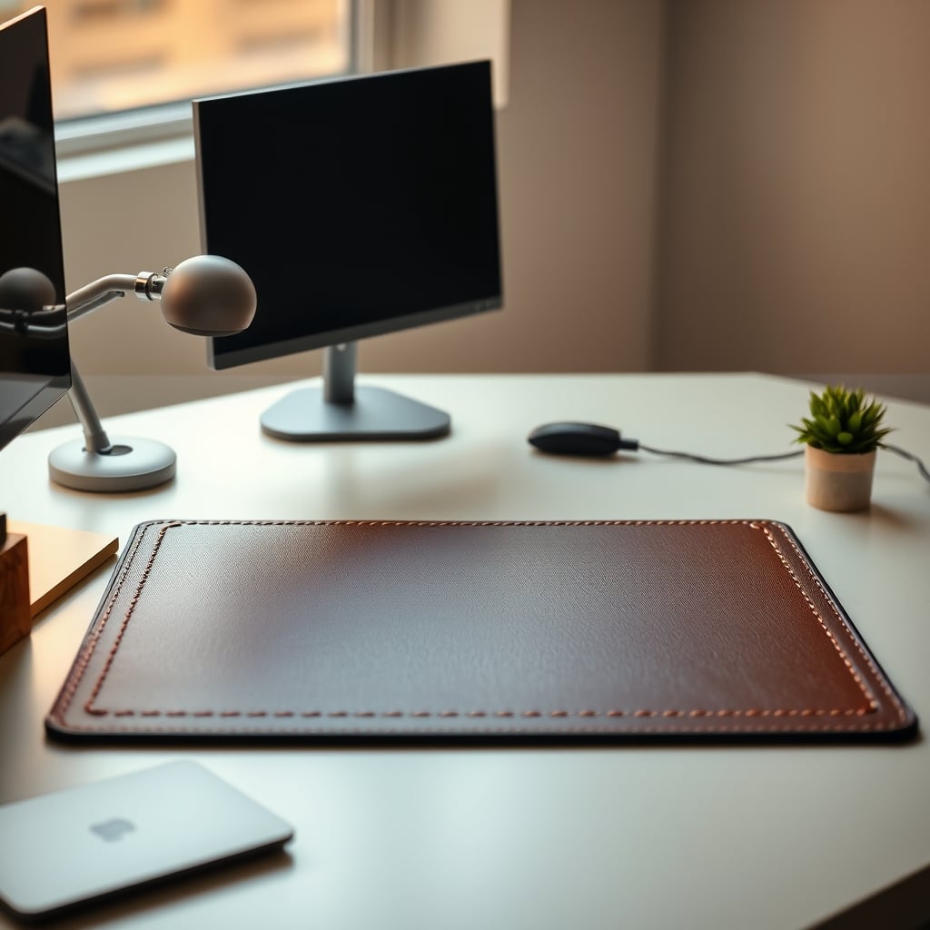 A clean, functional desk setup with a flat, dark leather desk mat that looks permanent.