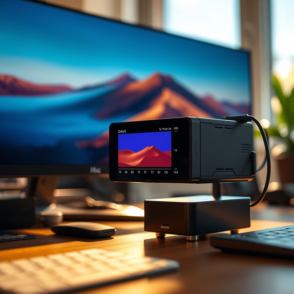 A hardware color calibrator on a high-resolution professional monitor, emphasizing precise Delta E accuracy for color grading.