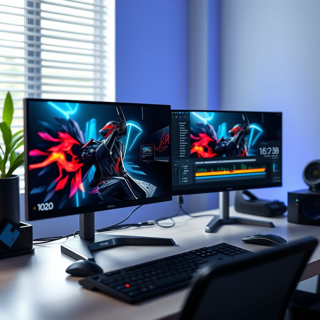 Visual contrast between a vibrant gaming monitor and a calibrated editing monitor with scopes