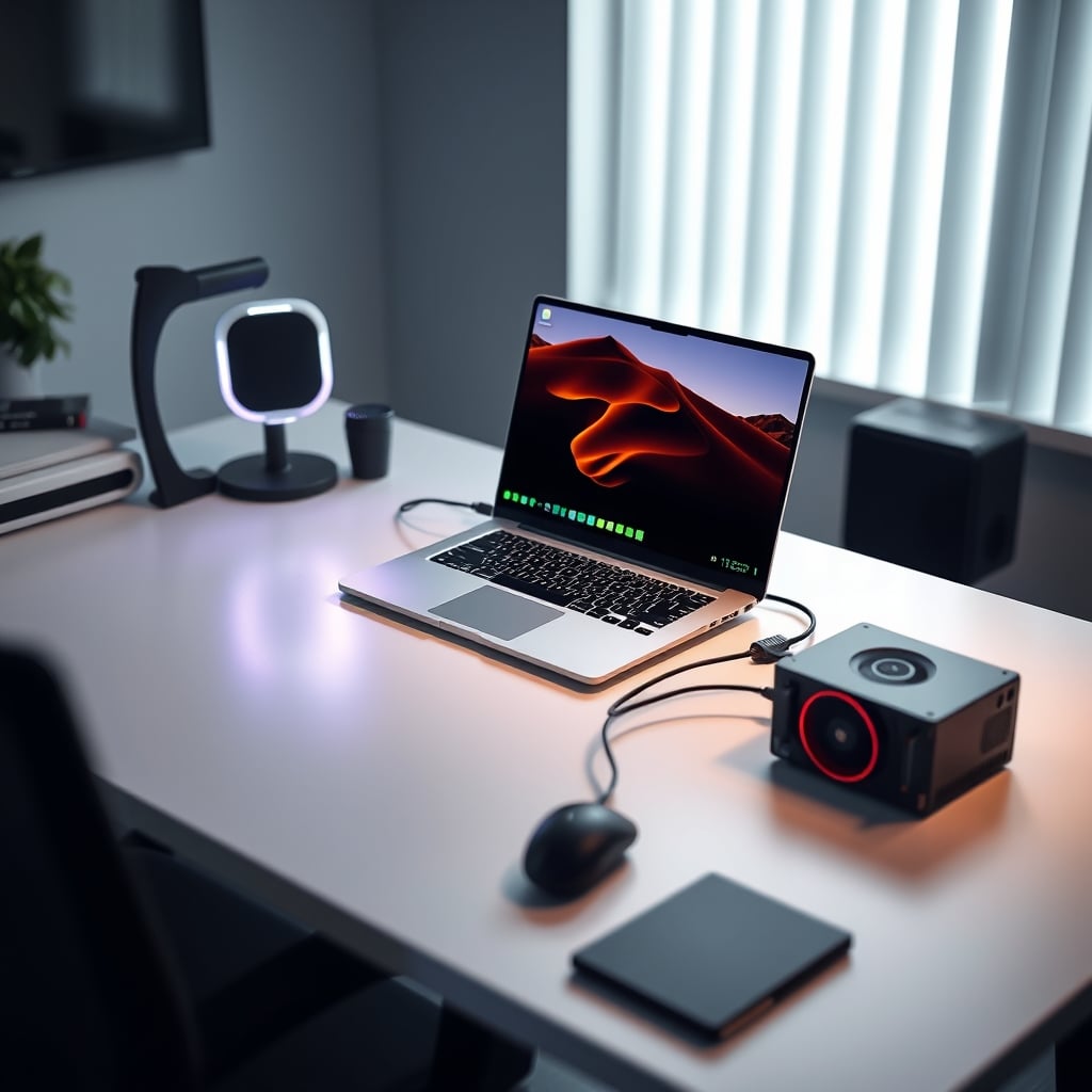A minimalist desk with a laptop connected to an external GPU dock
