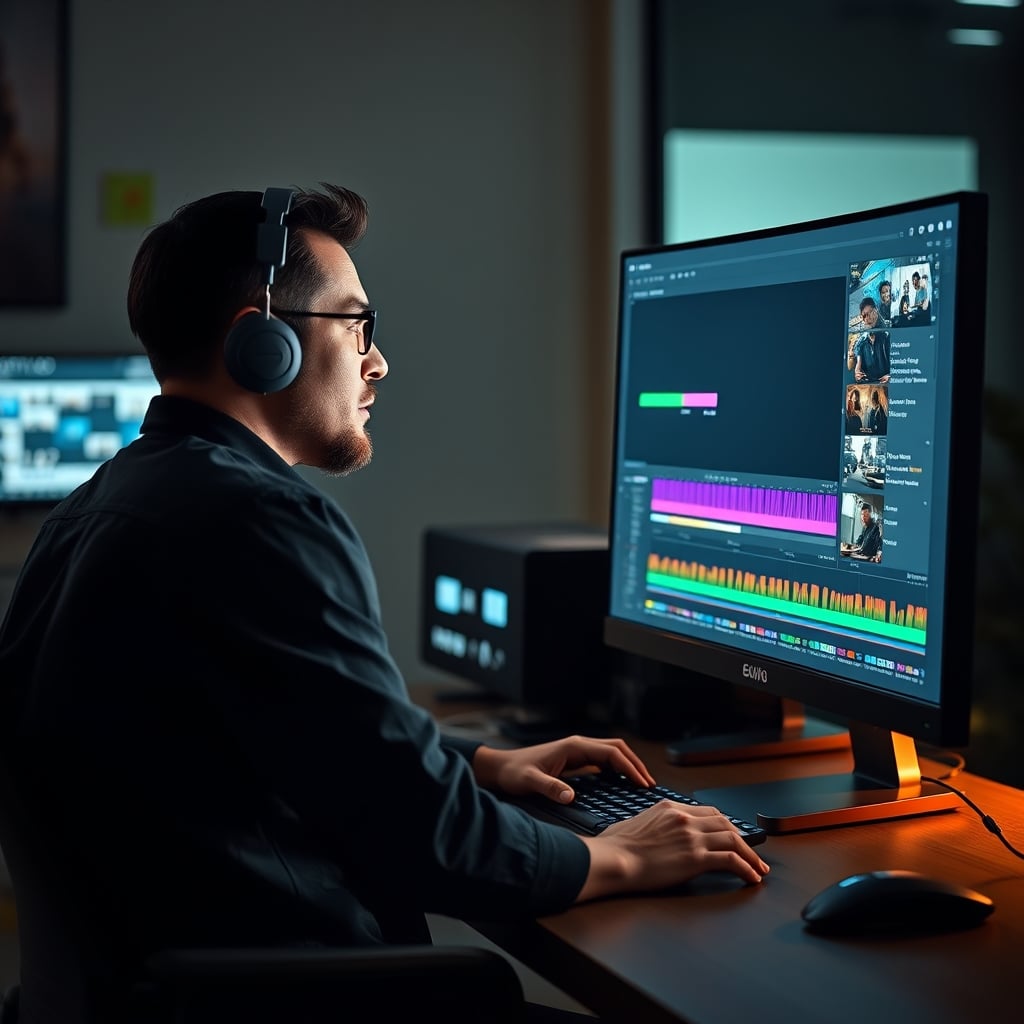 A video editor looking frustrated at a slow loading screen on a powerful computer