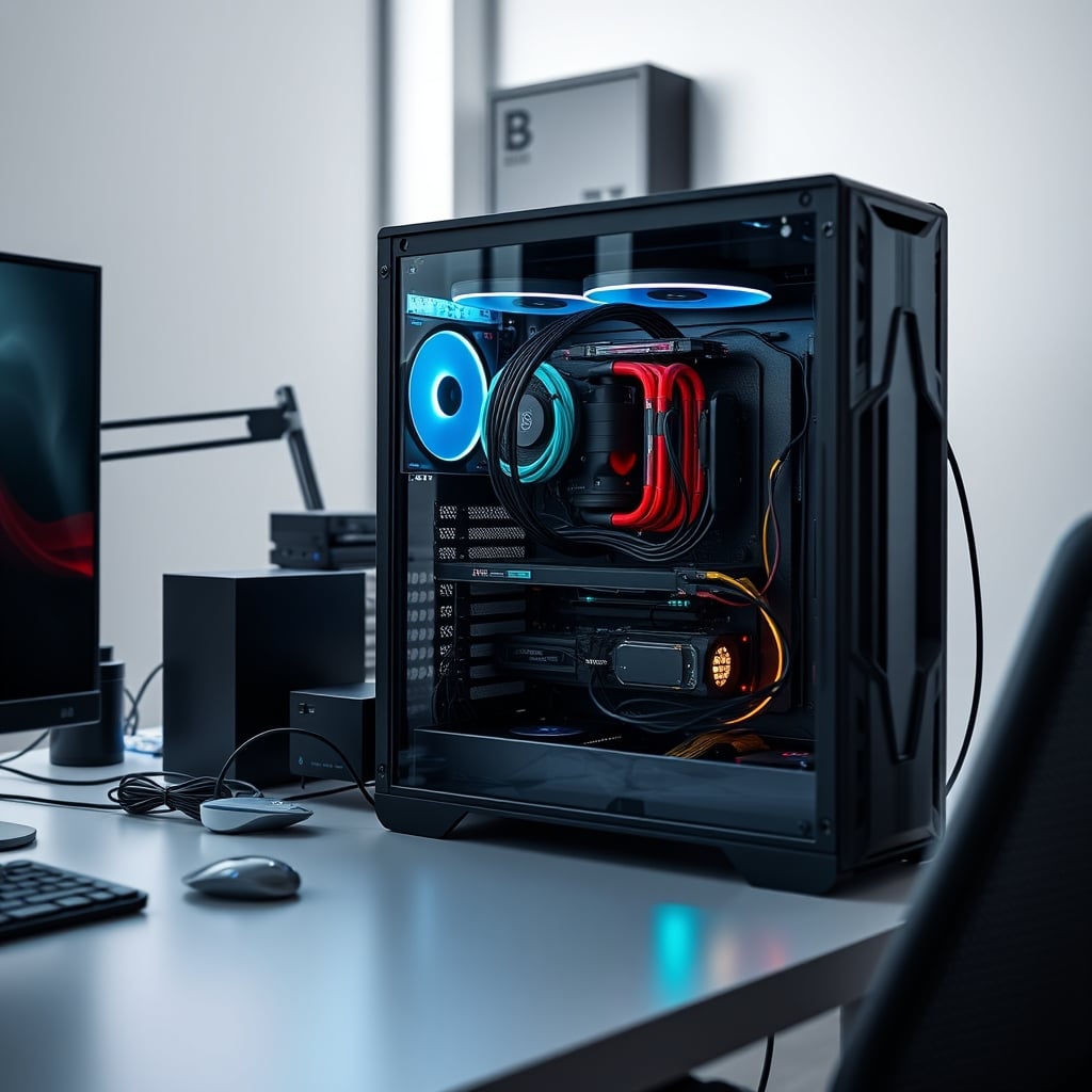 Internal view of a meticulously cable-managed PC, with cables neatly tied and routed to ensure optimal airflow and a clean aesthetic.