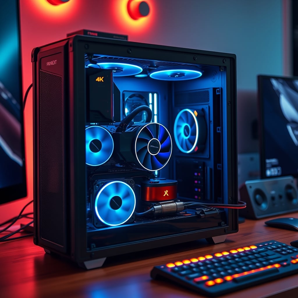 Close-up of a powerful GPU (Graphics Processing Unit) with glowing accents inside a high-performance PC case, emphasizing its role in accelerating video editing workflows.