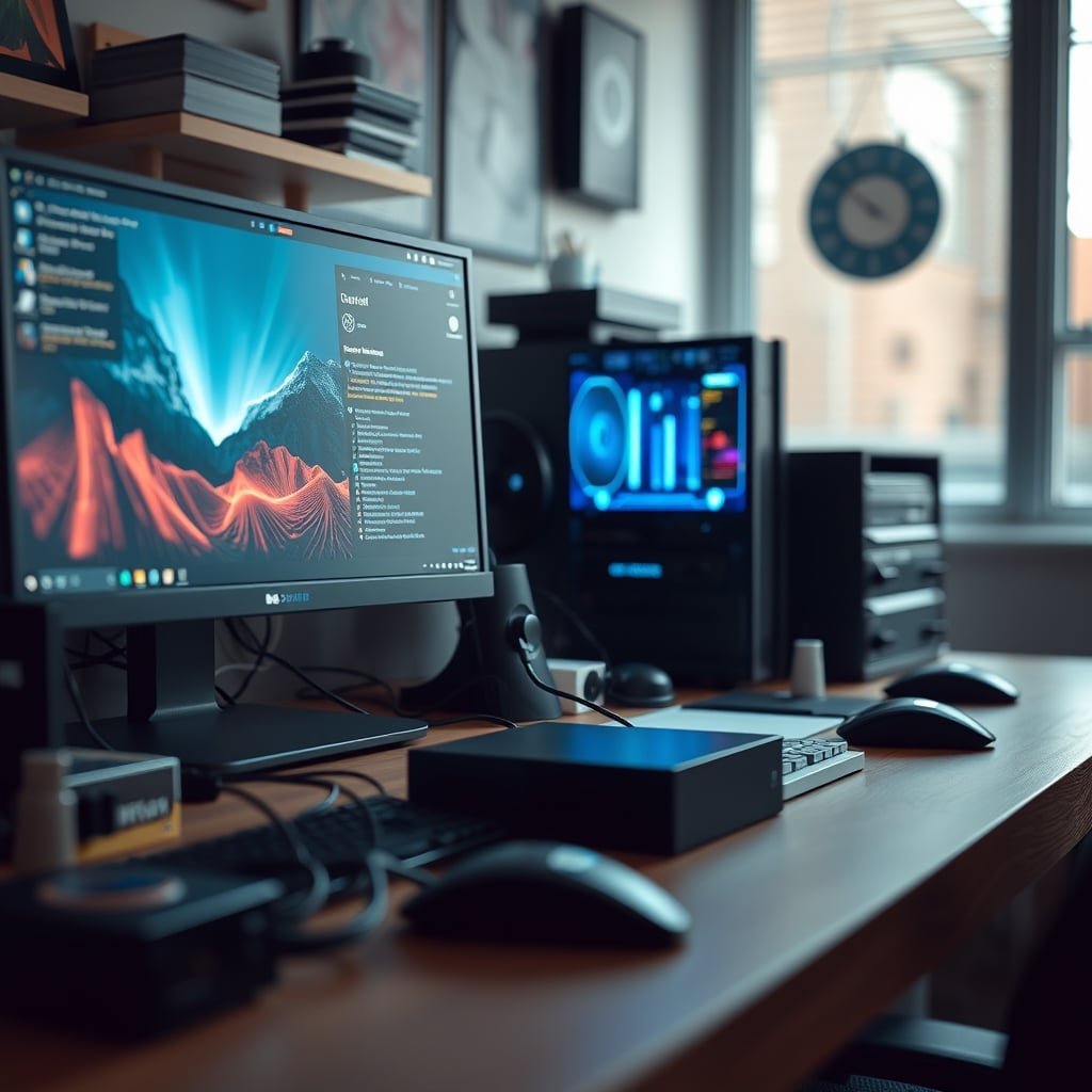 A powerful gaming PC connected via a single thin network cable to a NAS, symbolizing a major bottleneck