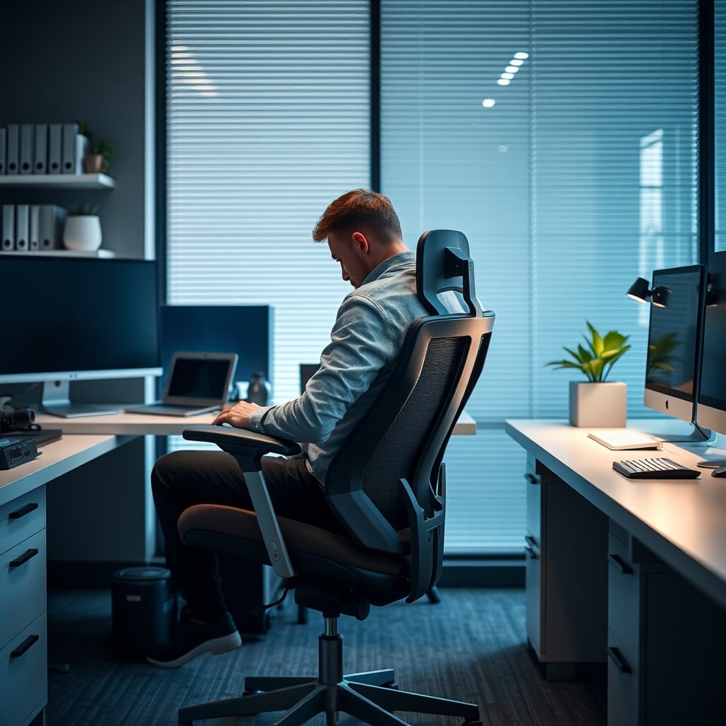 A person slumped in a high-end ergonomic chair, illustrating static posture and discomfort.