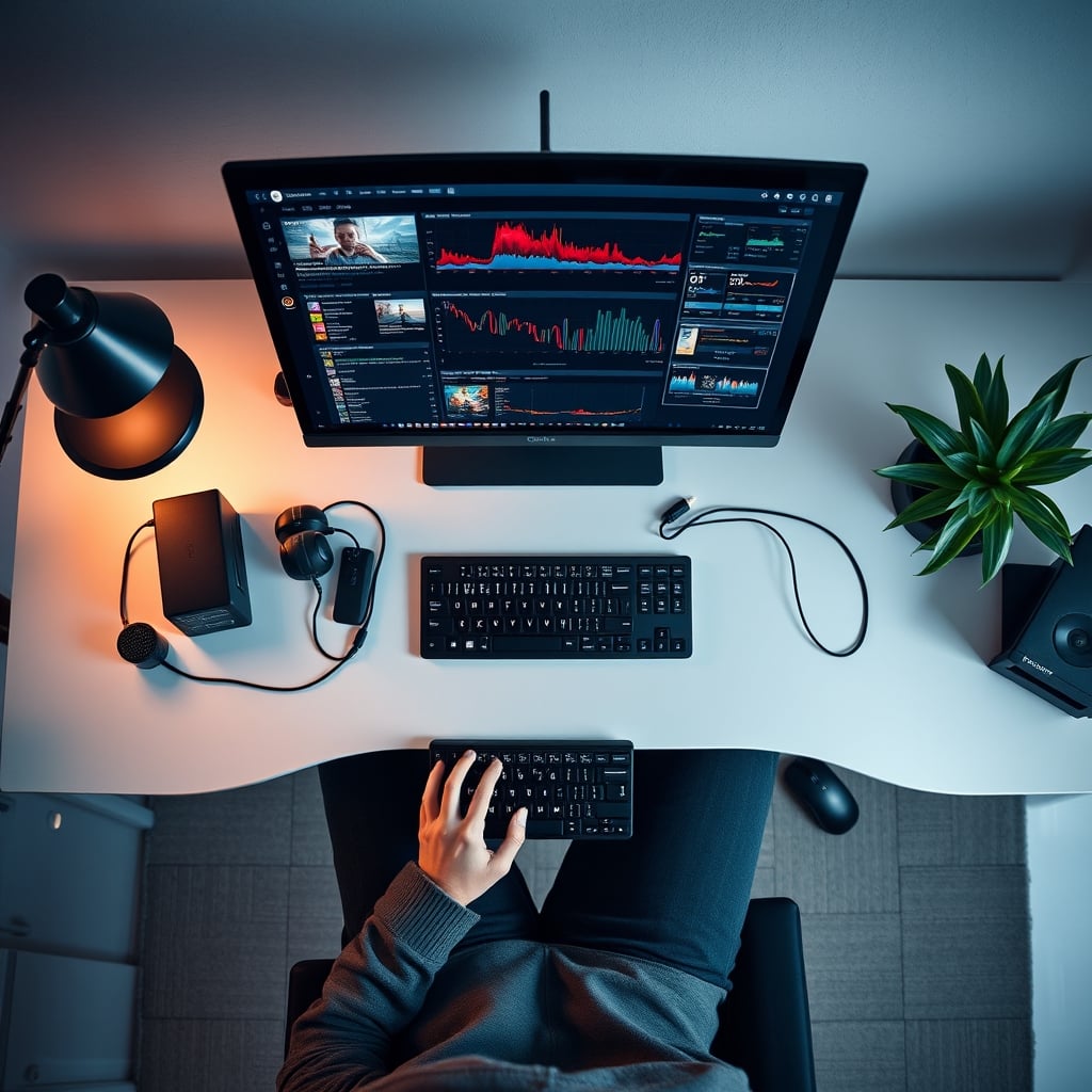Overhead view of a functional, slightly messy but highly efficient video editing workstation.