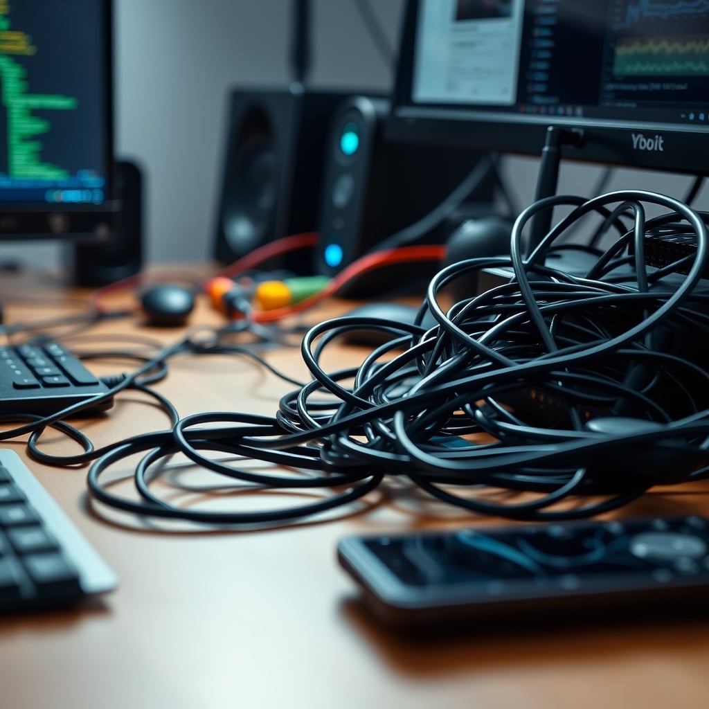 A tangled desk with common low-power EMI sources like a Wi-Fi router and phone next to cables.