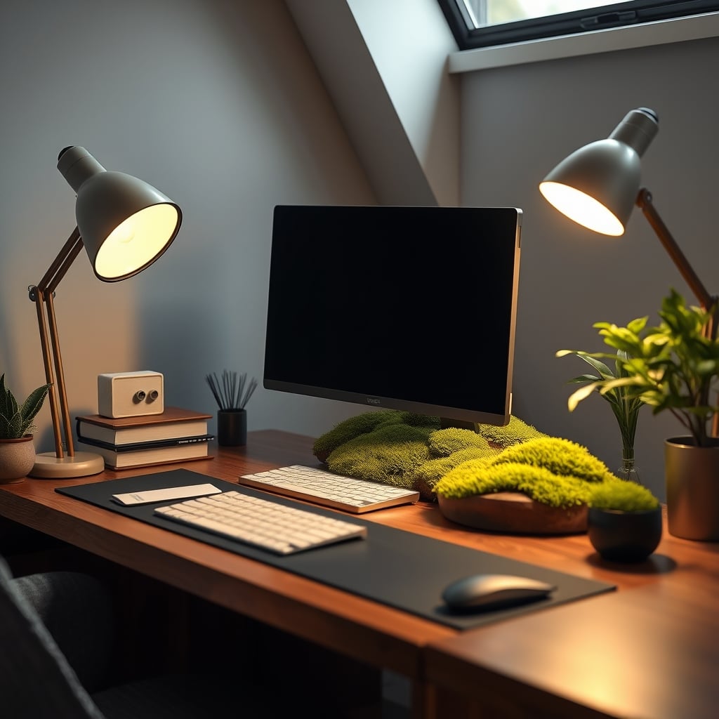 Preserved moss frame on modern desk setup with computer